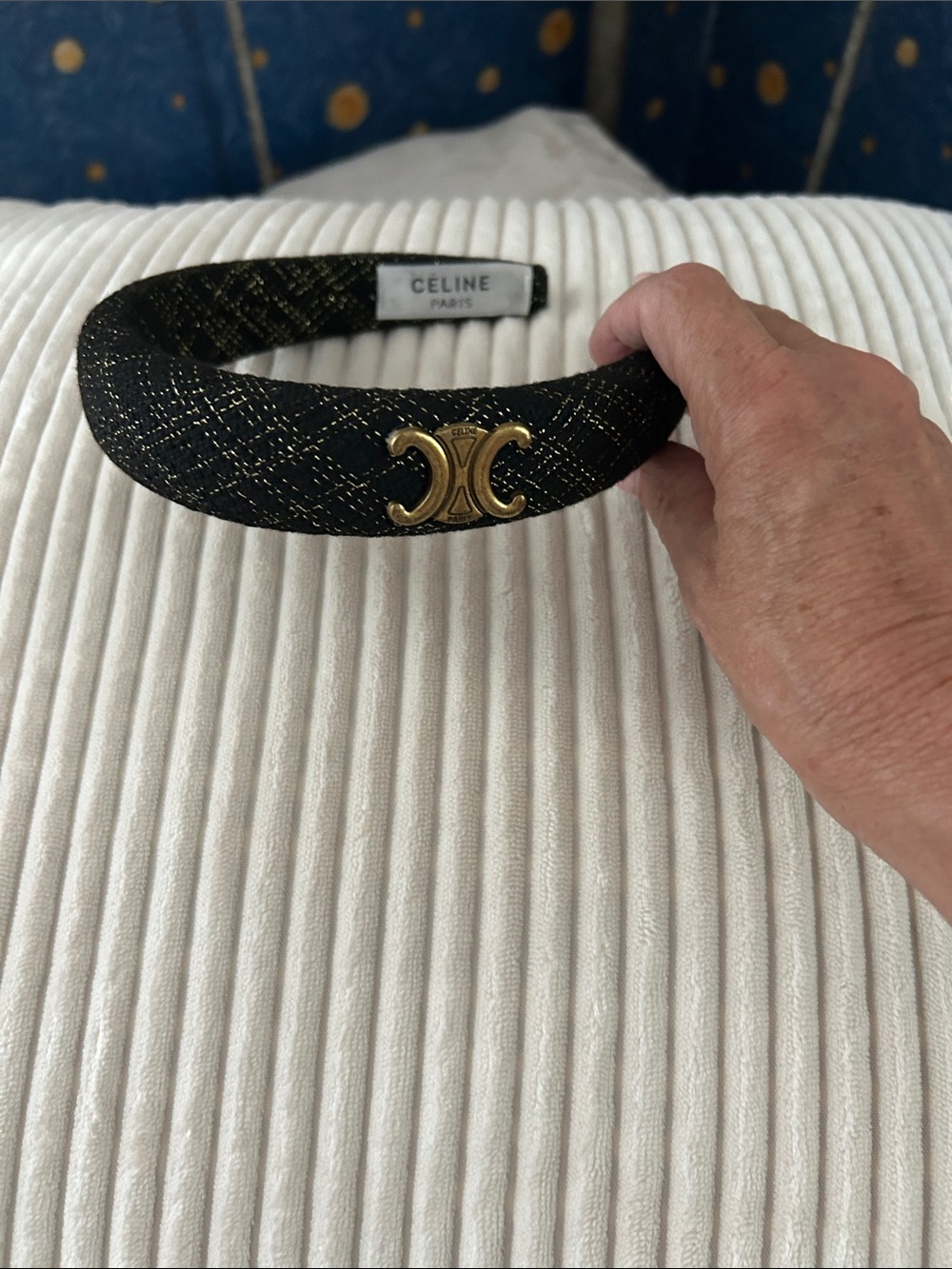 Black Tweed & Metallic Gold Headband with Gold Triomphe Accent